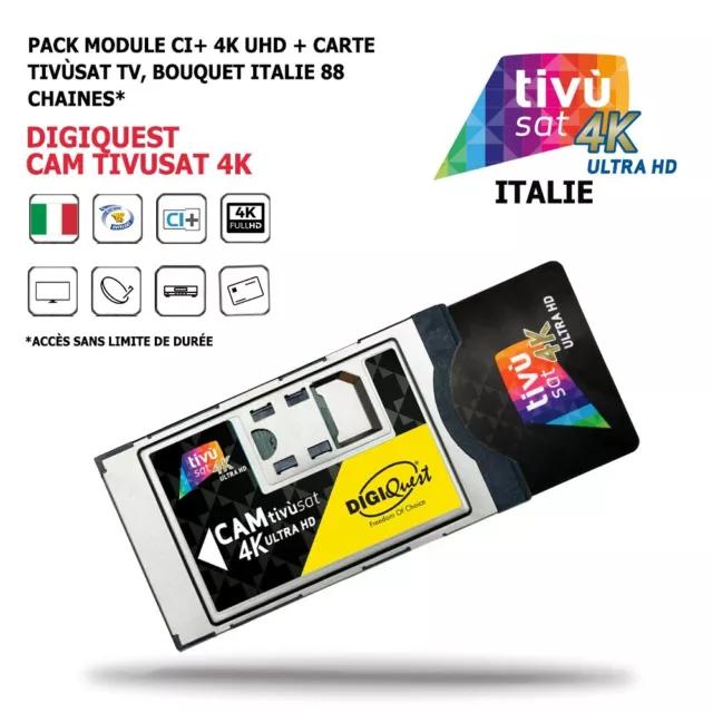 Pack Module CI+ CAM Tivusat 4K + Carte Bouquet Tv Italien Digiquest 88 chaines