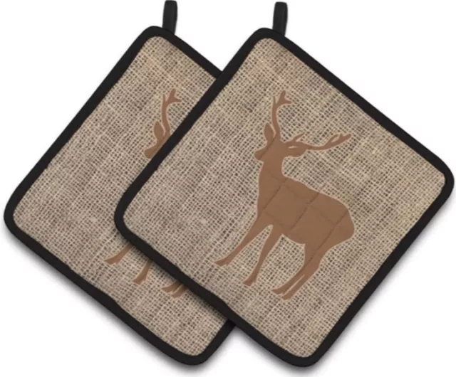 Caroline's Treasures Deer Faux Burlap & Brown Pot Holders x 2 - FREE POSTAGE