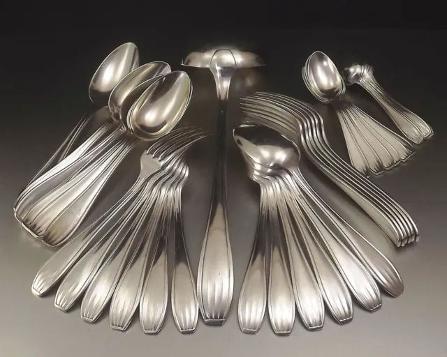 Sfam Chambly Menagere Art Deco 37 Pieces Metal Argente Vers 1950