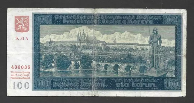 100 Korun Vg  Banknote From German Occupied Bohemia-Moravia 1940 Pick-7