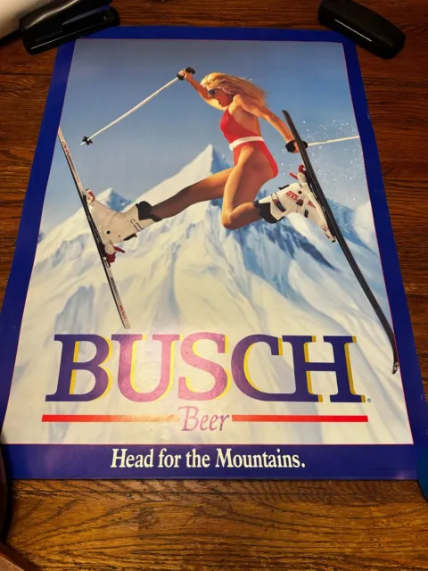 VINTAGE 1988 BUSCH BEER POSTER HEAD FOR THE MOUNTAINS GIRL SKIING 20x28