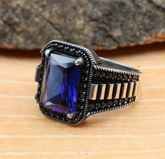 Bague saphir pour homme Bague pour homme faite à la main Bague en argent...