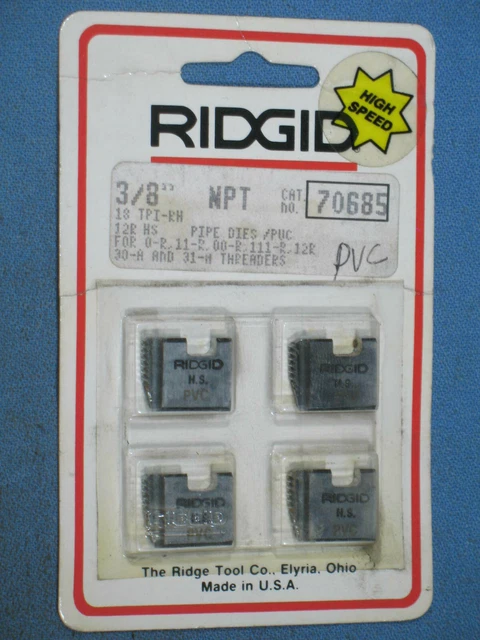 RIDGID No. 70685 3/8-18 H.S. NPT PVC Pipe Dies 12R 0R 00R 11R 111R 30A NEW