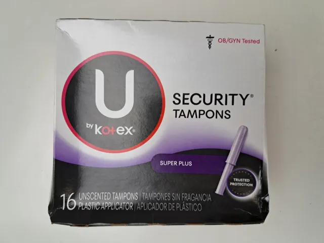 Tampones de seguridad U by Kotex Super Plus absorción - sin perfume, caja de 16 quilates dañada
