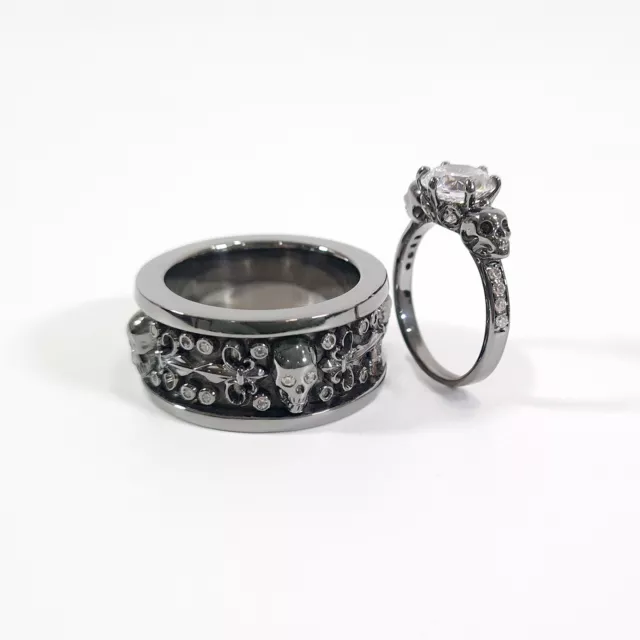 Fleur Tête de Mort Bande Simuler Diamant Fiançailles Bague Set Couple Bronze FN