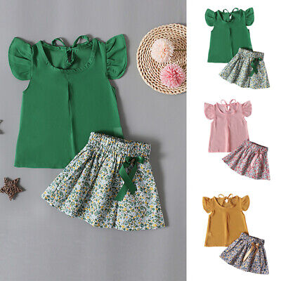 Toddler Kids Baby Girl Ruffle Sleeveless Tops Floral Skirts Outfit Dress Set