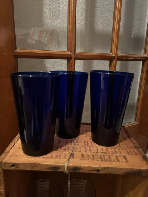 Vintage Cobalt Blue 16 oz Tapered Tumblers Glasses Set of 3