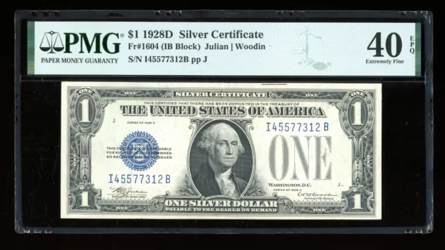 DBR Scarce 1928-D $1 Silver Fr. 1604 IB Block PMG XF-40 EPQ Serial I45577312B