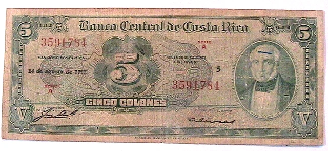 1957 Costa Rica 5 Colones Scarce Central America Currency Paper Money Banknote