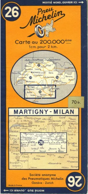 Card Michelin 26 Ed 1949,Martigny - Milan Switzerland Italy,Very Good Condition