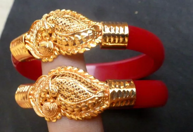 Indian Bengali Marriage golden inlay Front Red Pola 2 Pcs 2.6'' Wedding  Bangles. | eBay