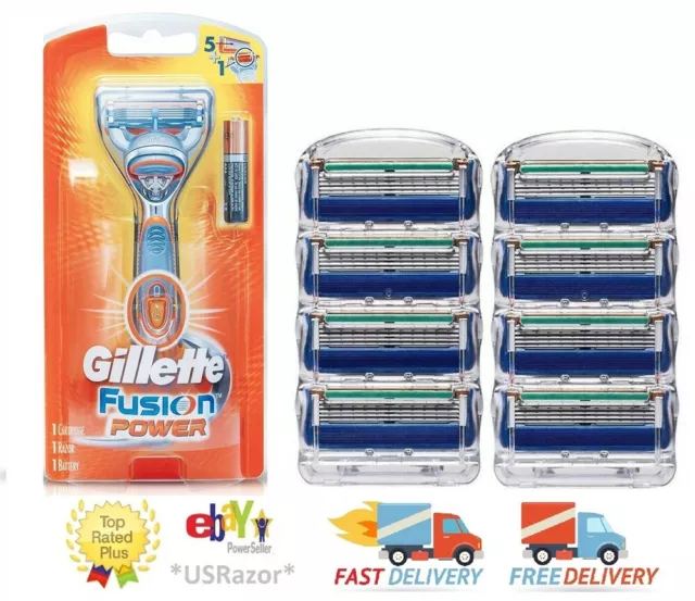 Gillette Fusion Power Razor & 8 Blades Refill Cartridges Shaver Handle Authentic