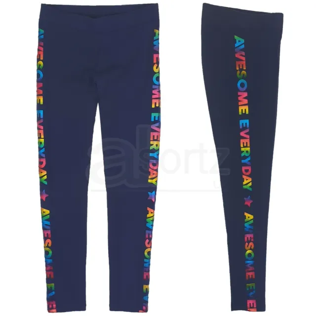 New Girls Cotton Rich Sporty Blue Leggings "Awesome" Metallic Trim ex M S Age