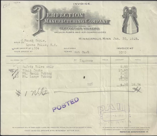 MINNEAPOLIS, MN ~ PERFECTION MFG. Co., Cow Milkers & Pumps~ ILLUS. BILLHEAD 1919