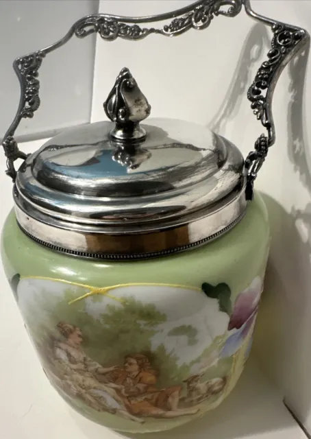 Antique Biscuit Cracker Jar / Humidor - Victorian Image W/￼Hand Painted Flowers