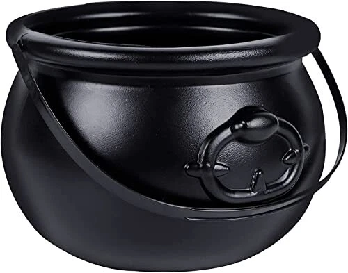 Halloween Large Cauldron, 7.4" Black Plastic Witch Pot with Handle, Vintage