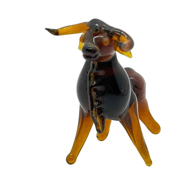 Bull Figurine Amber Glass Miniature Hand Blown Tiny Retro Horned Ferdinand Bull