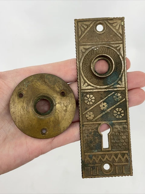 Antique Vtg Door Knob Back Plate & Rosette Ornate Victorian Eastlake Copper