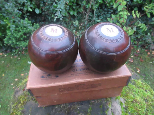 Pair Bowling Woods Thomas Taylor Glasgow Bias 3 Dated 1939 + Deluxe 1424/1428g