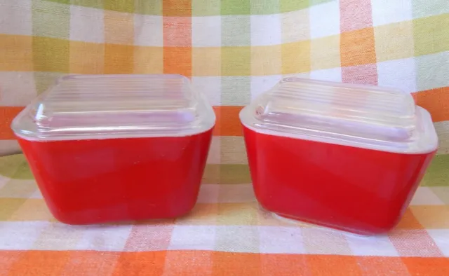 Vintage Pyrex #501 Refrigerator Dishes - Cherry Red W Lids 1.5 Cup Euc