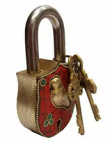 Brass Handmade Antique Style Padlock Lock with Keys Bird Design Stone Work 2