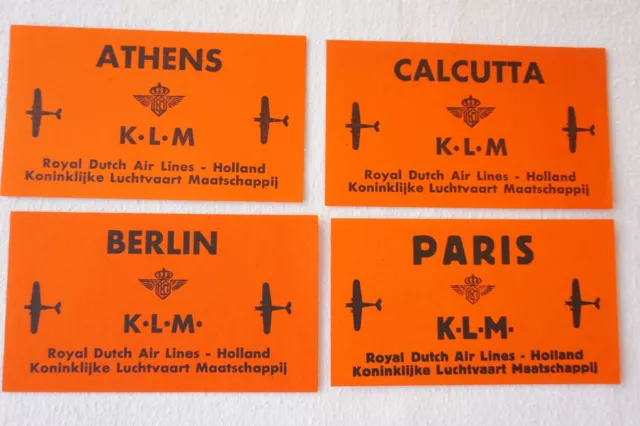 KLM Royal Dutch Air Lines Airline Luggage Label x4 Athens Calcutta Berlin Paris