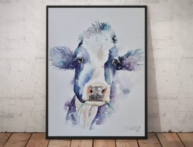 New large original signed Elle Smith watercolour art painting of A Holstein Cow