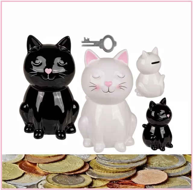 2 Gatos Cerámica Cajas de Dinero Bebé Cat `S Negro & Blanco Aprox. 15x10x10cm