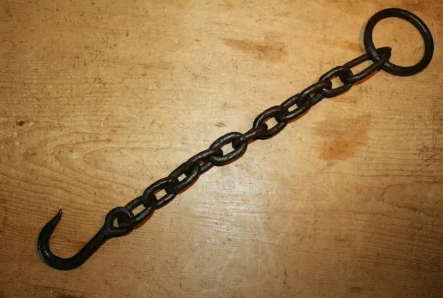 Antique Wrought Iron Hook on Length of Chain Beam Iron Ring 20"