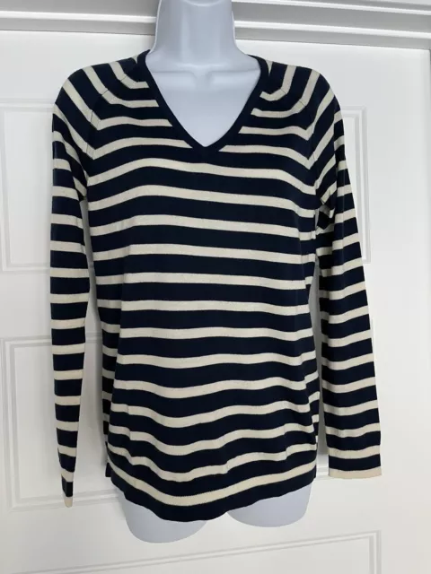 💙 J. Crew Women's 100% Merino Wool V-Neck Navy Blue Striped Sweater Jcrew Sz M