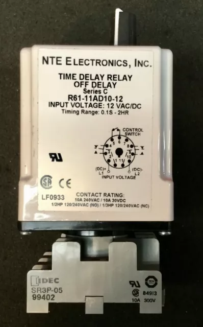 NTE Electronics Time Delay Relay Off Delay R61-11AD10-12 Adjustable 12 Volt ACDC