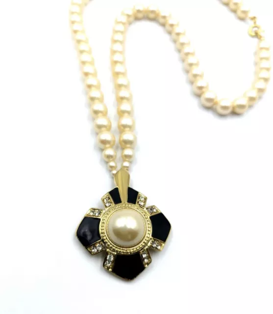 Vtg 1970s Trifari Necklace Faux Pearl Rhinestone Gold Tone Black Enamel Pendant