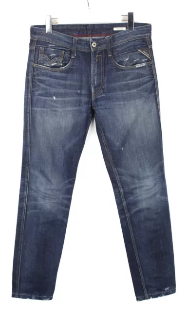 Replay Anbass Jeans Uomo W31 L31 Affliggere Slim Fit Sfumato Effetto Zip Blu