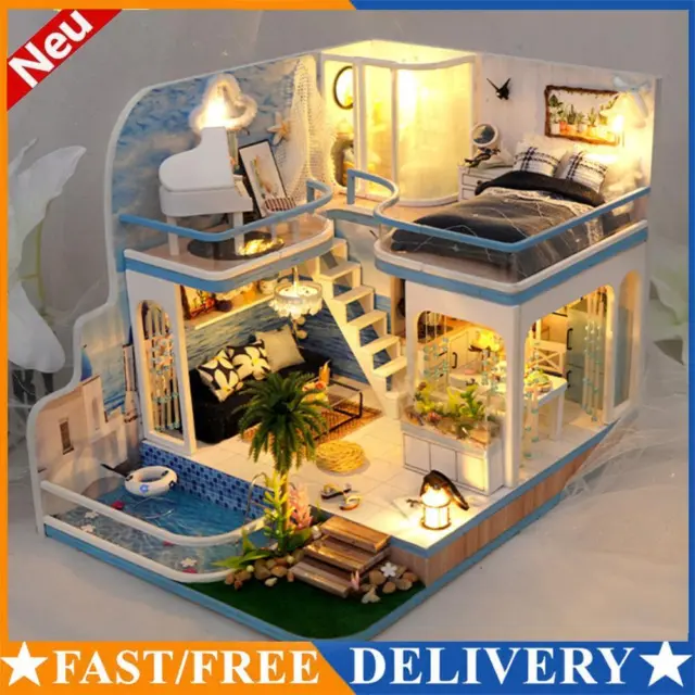 Wooden Miniature Dollhouse Kit with Dust Cover/Light/Accessories for Boys Girls