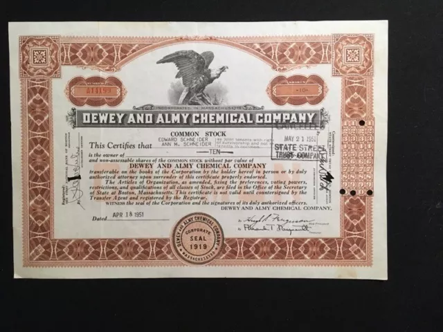1951 Issued Stock Certificate Dewey & Almy Chemical Co. Illus Eagle