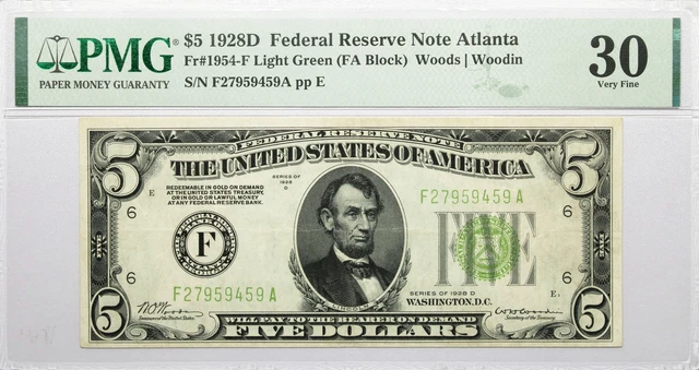 Series Of 1928 D $5 Bill Note FRN Atlanta Light Green Seal Fr#1954-F PMG VF30