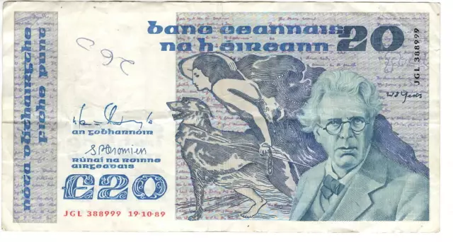Republic of IRELAND ÉIRE £20 Pounds / Punt VF Banknote (1989) P-73c Prefix JGL