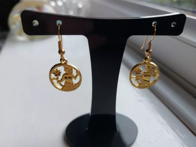 Stunning Gold Tone Round Dangly Thai Goddess Hook Thru Earrings