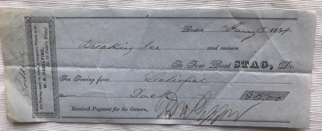 c1854 Tow Boat Receipt~Antique Boston Massachusetts Ephemera