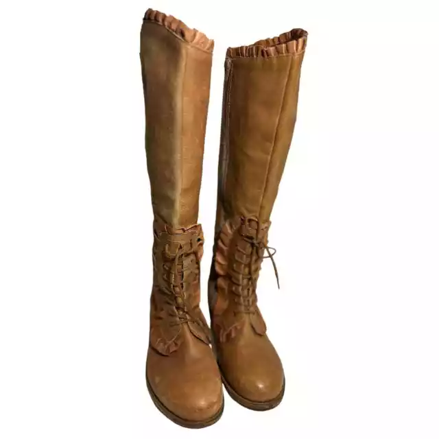 Ladies Tan 8.5 Crown Vintage Leather Upper Long Western, Boho Riding Boots