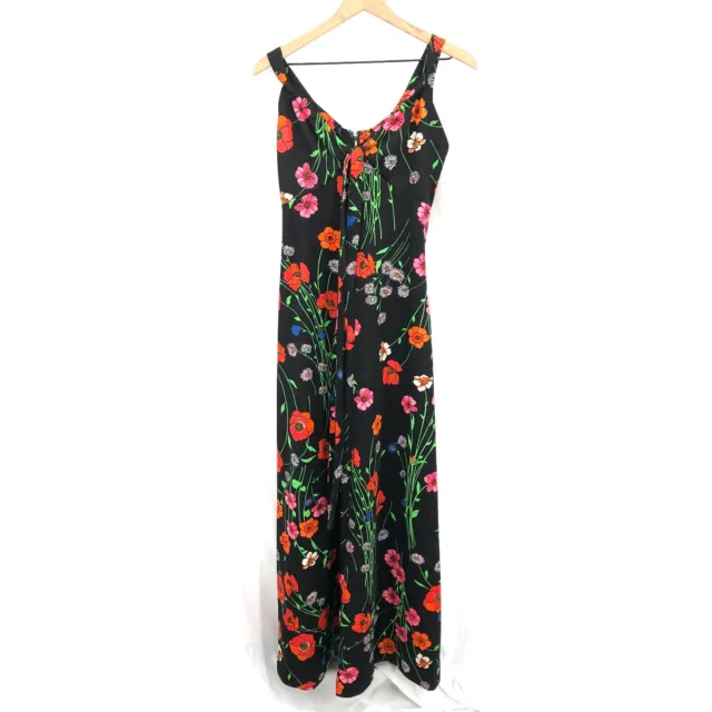 Vintage 70s Sleeveless Maxi Dress Black Floral tropical dark cottagecore boho M