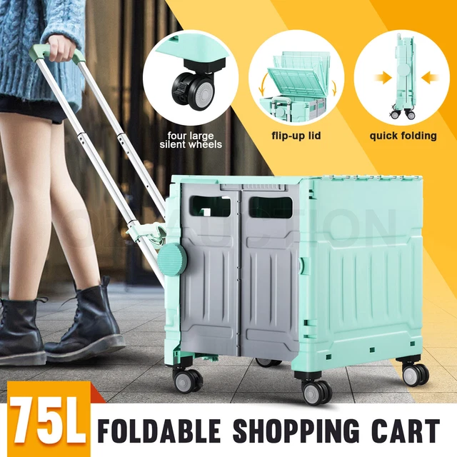 75L Foldable Shopping Cart Trolley Basket Grocery Storage Crate Rolling Wheel