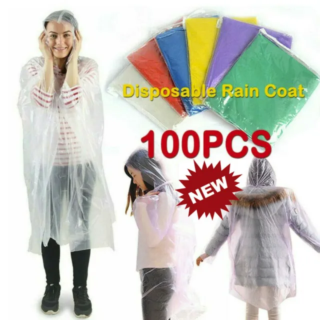 100Pcs Disposable Emergency Waterproof Rain Coat Poncho Hiking Camping Hood