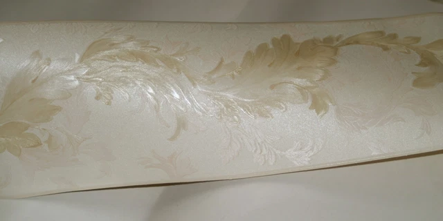 Traditional Cream Ivory Beige Acanthus Leaf Scroll Satin Silk Wallpaper Border