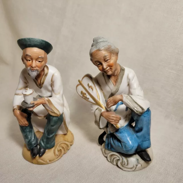 Man and Woman Elders Figurines Pair Hand Painted Bisque Vintage Japan EUC