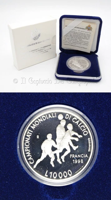 SAN MARINO 10000 Lire 1998 FDC PROOF Fondo specchio ARGENTO Mondiali calcio