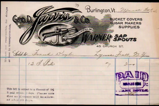 Geo D Jarvis & Co - Burlington Vt 1914 - Sugar Makers Supplies Letter Head Bill