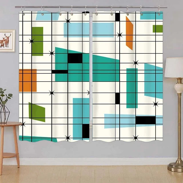 Mid Century Kitchen Curtains, Teal Mid Retro Grid Starbursts Orange Cent...