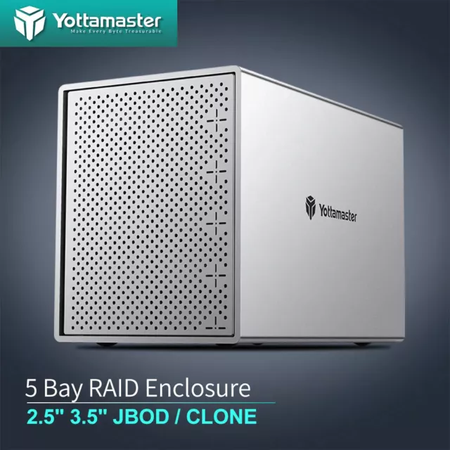 Yottamaster 5 Bay RAID Hard Drive Enclosure TypeC Storage For 2.5" 3.5" HDD 80TB