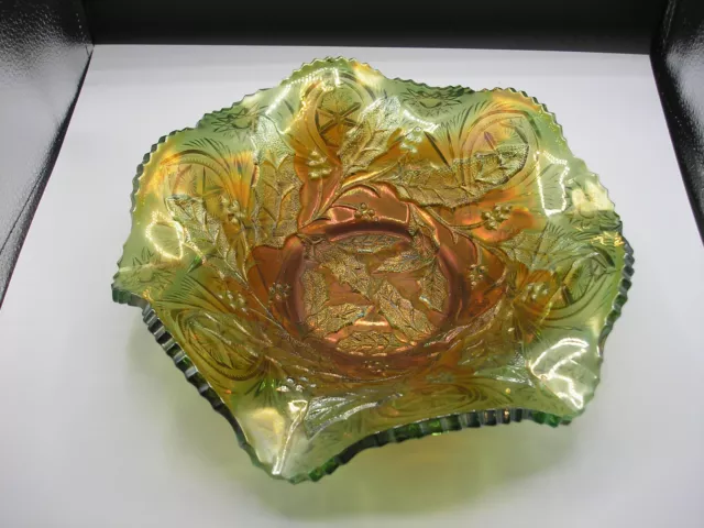 Vtg. Millersburg Green Carnival Glass Holly Pattern 10" Sawtooth Rim Bowl